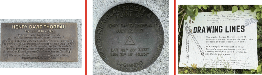 Photo of Commemorative Mark at Thoreau’s House. From left to right, Thoreau – A Surveyor, Thoreau Monument and drawing lines. (Credit: Dave Zilkoski)